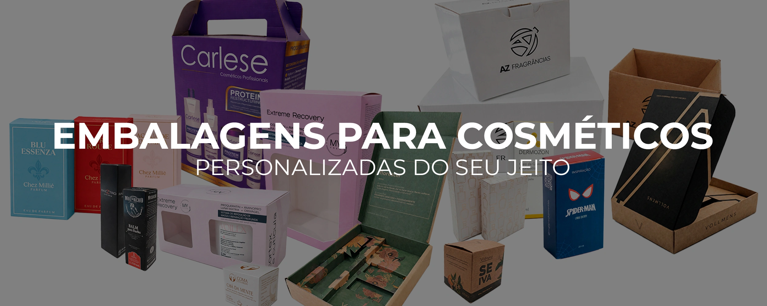 Composição com diferentes embalagens personalizadas para cosméticos, perfumes e kits